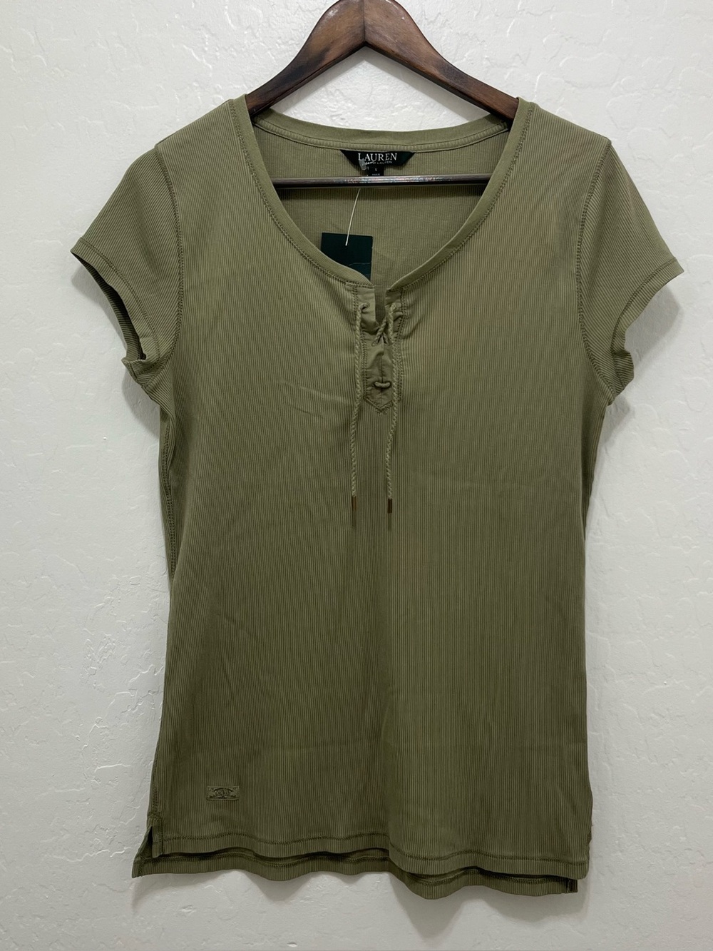 NWT Lauren Ralph Lauren Sage Green Ribbed Lace Up Henley Shirt L Y2K Style